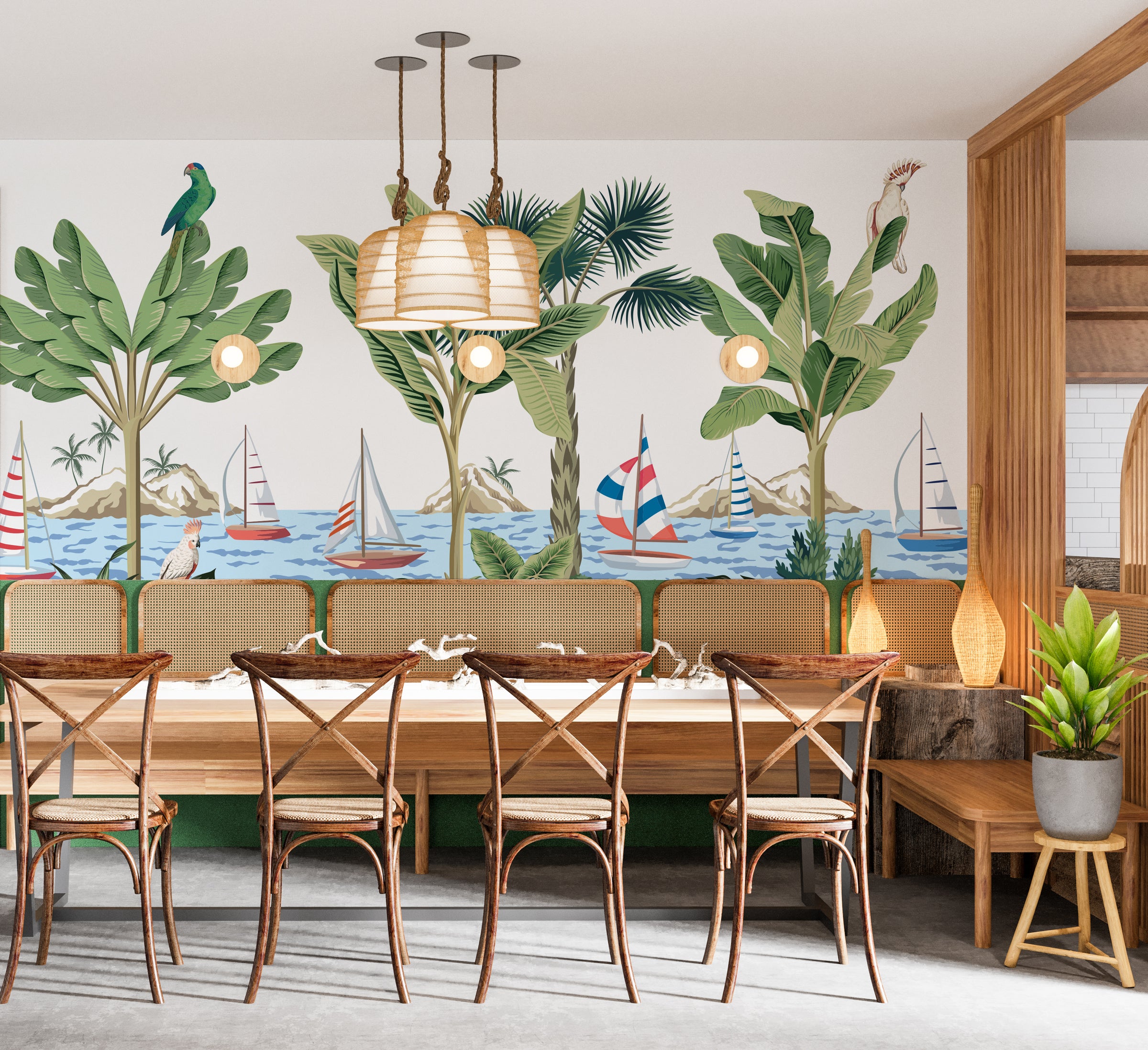 Lush botanical design with oversized green leaves in dining room interior setup