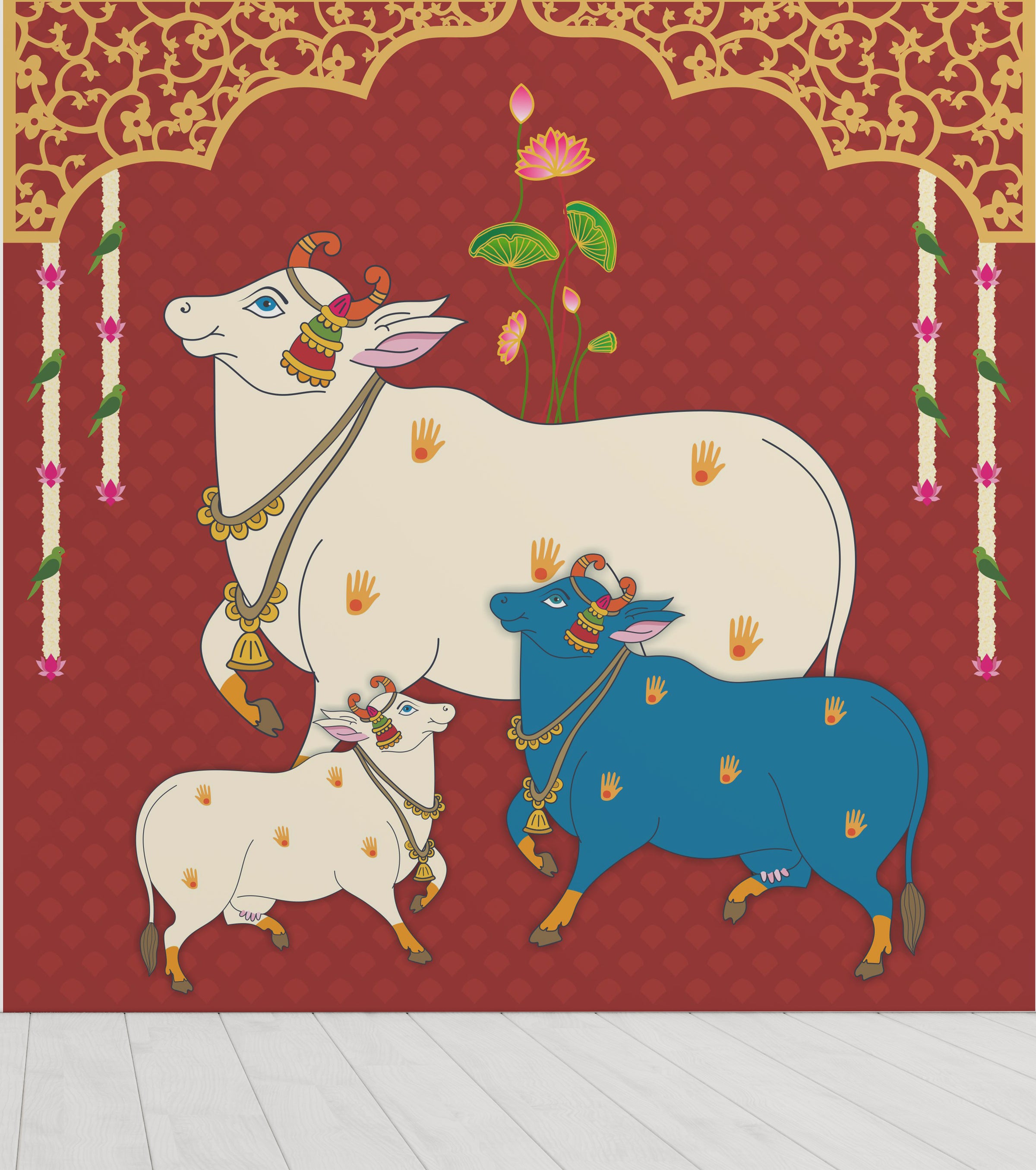 Sacred Gau Mata design with lotus motifs for peaceful pooja room wall decor