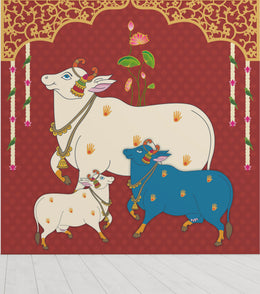 Sacred Gau Mata design with lotus motifs for peaceful pooja room wall decor