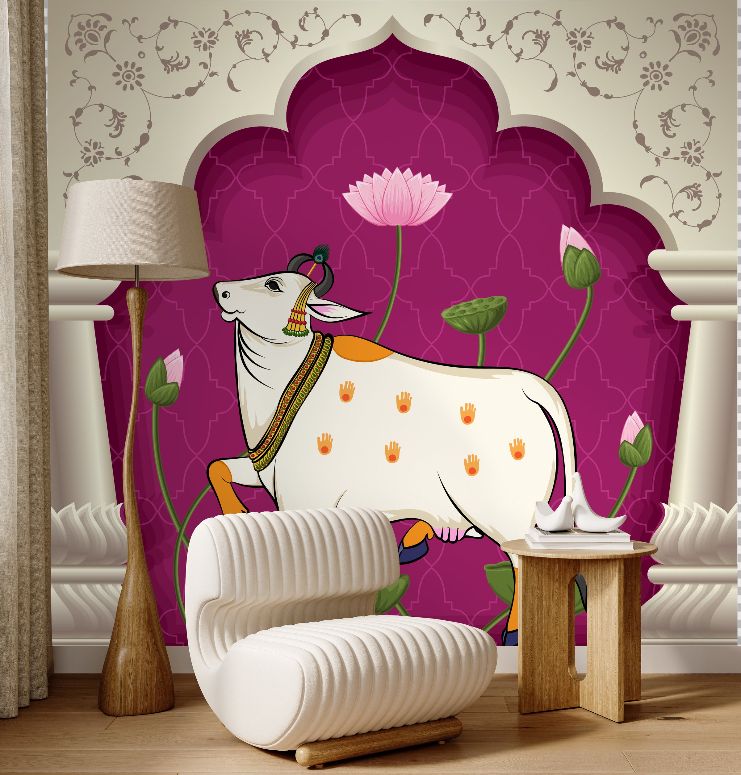 Pink sacred cow lotus wall art creating statement look in contemporary Home office space