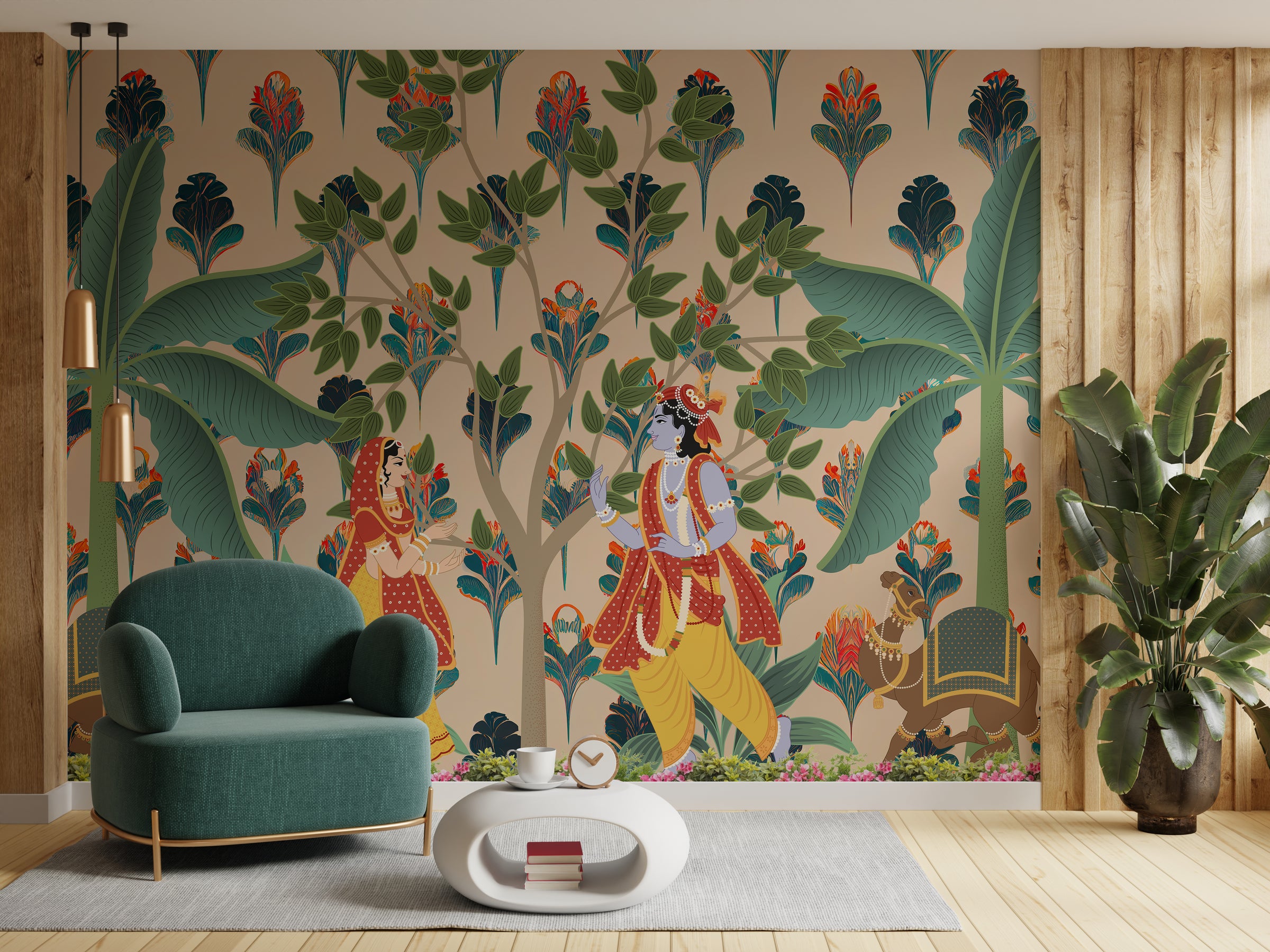 Radha Krishna Pichwai Indian Wallpaper | Pooja Room Peel and Stick Wallpaper