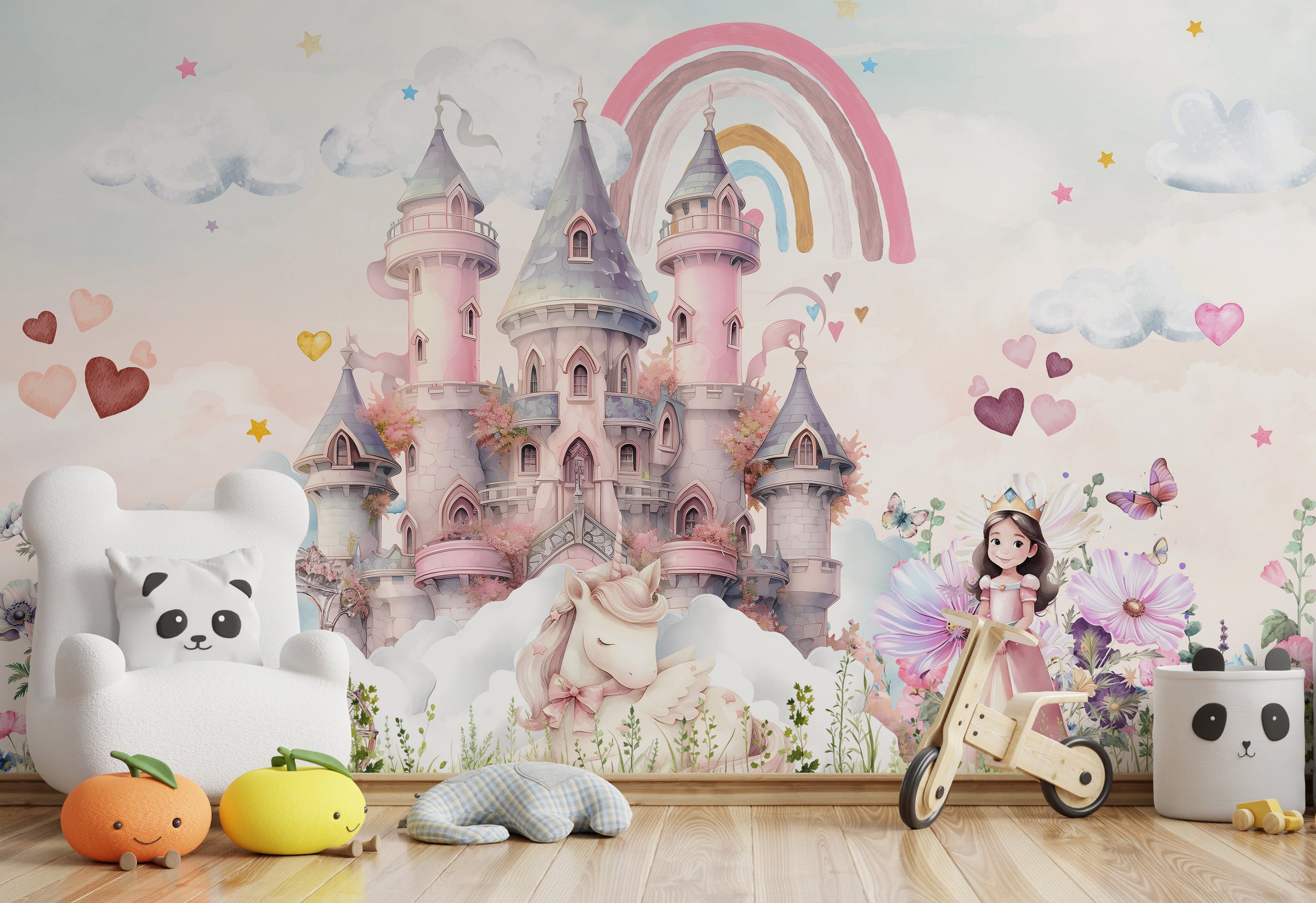 Pink Castle Kids Wallpaper with Rainbow Unicorns | Peel and Stick Wall Mural