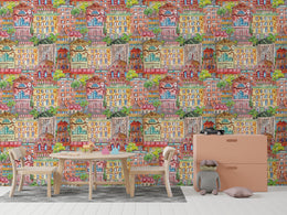 Daycare wall wallpaper with vibrant illustrated buildings adding joyful learning environment design
