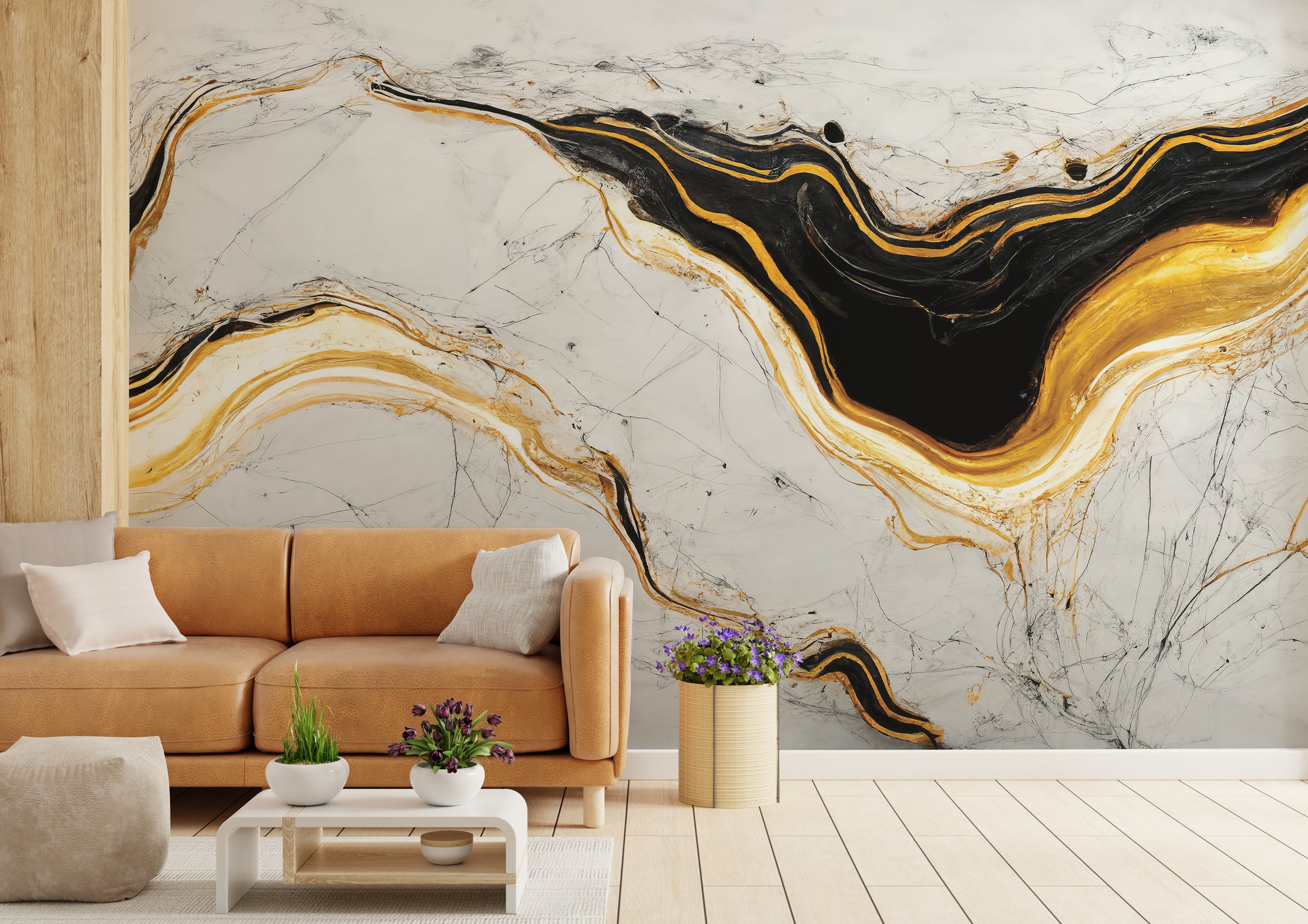 Luxury abstract marble wallpaper in black gold tones creating dramatic bedroom accent wall