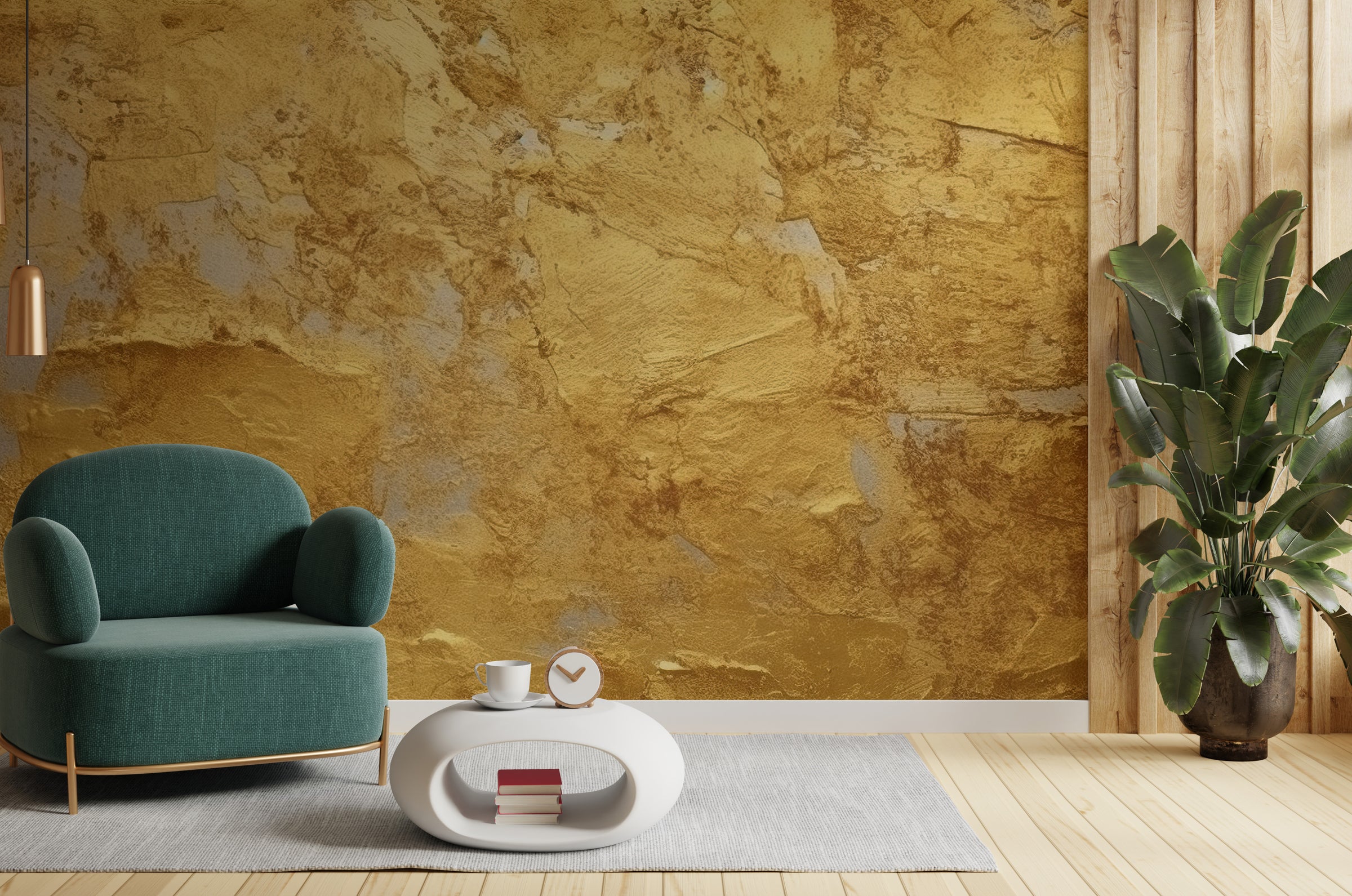 Gold texture wallpaper with plaster finish, warm tones, stylish living room accent wall