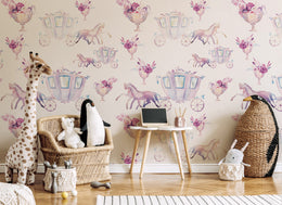 Pastel carriage wallpaper with floral elements, elegant toddler nursery wall decor