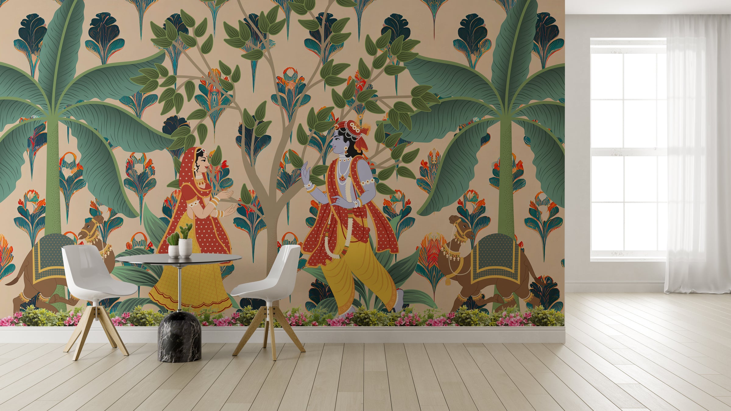 Radha Krishna Pichwai Indian Wallpaper | Pooja Room Peel and Stick Wallpaper