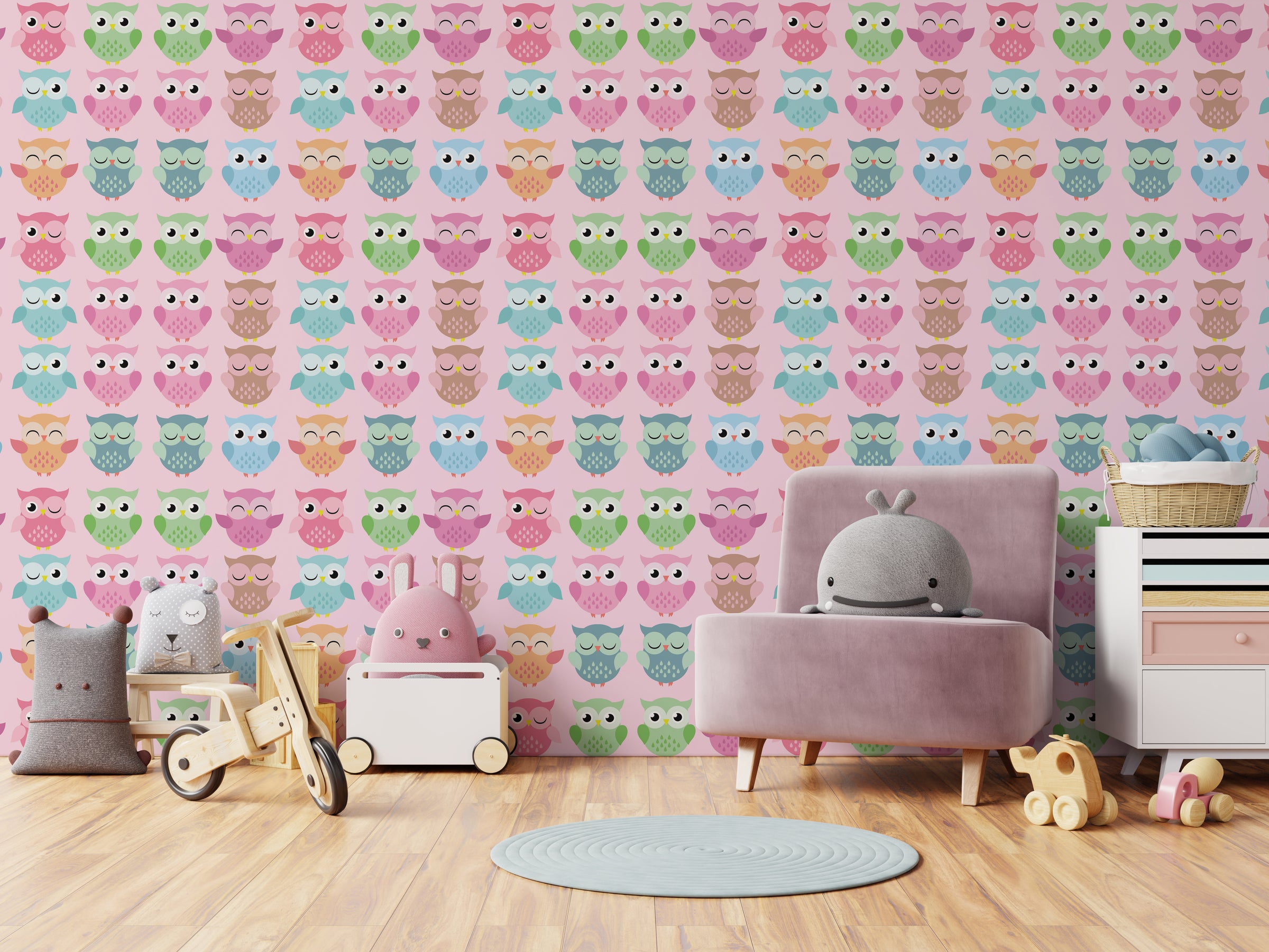 Stylish kids bedroom accent wall wallpaper featuring whimsical owl design in pastel color palette, perfect for modern children interiors