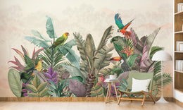 Colorful tropical rainforest wallpaper with exotic birds lush foliage for library interior decoration