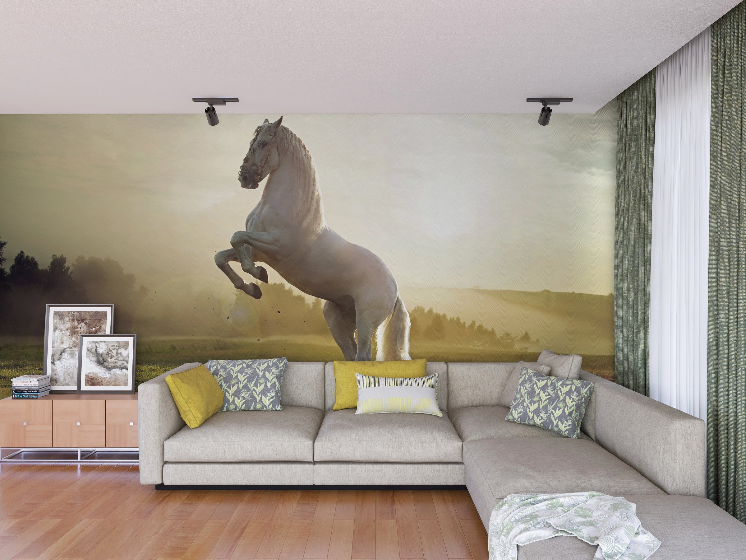 Contemporary lounge featuring horse wall mural with white horse in misty landscape, ideal for luxury decor lovers