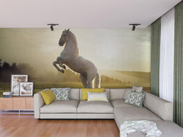 Contemporary lounge featuring horse wall mural with white horse in misty landscape, ideal for luxury decor lovers
