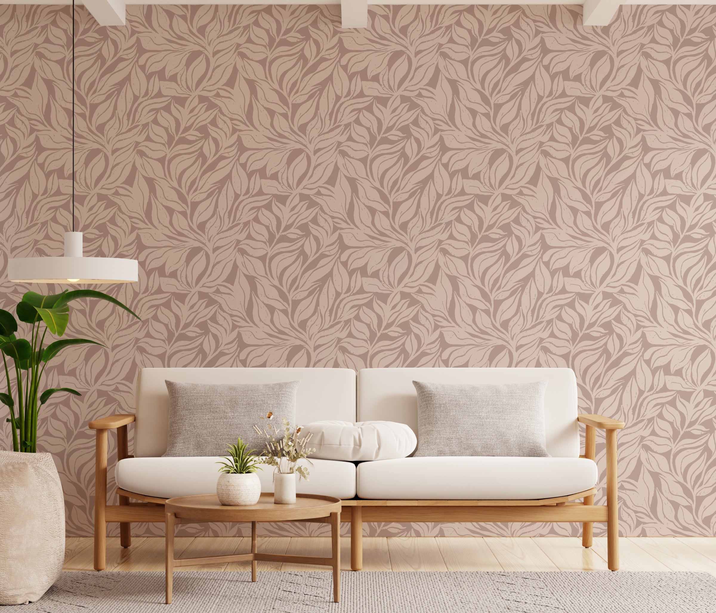 Neutral Leaf Wallpaper | Taupe Beige Botanical Leaves Peel and Stick