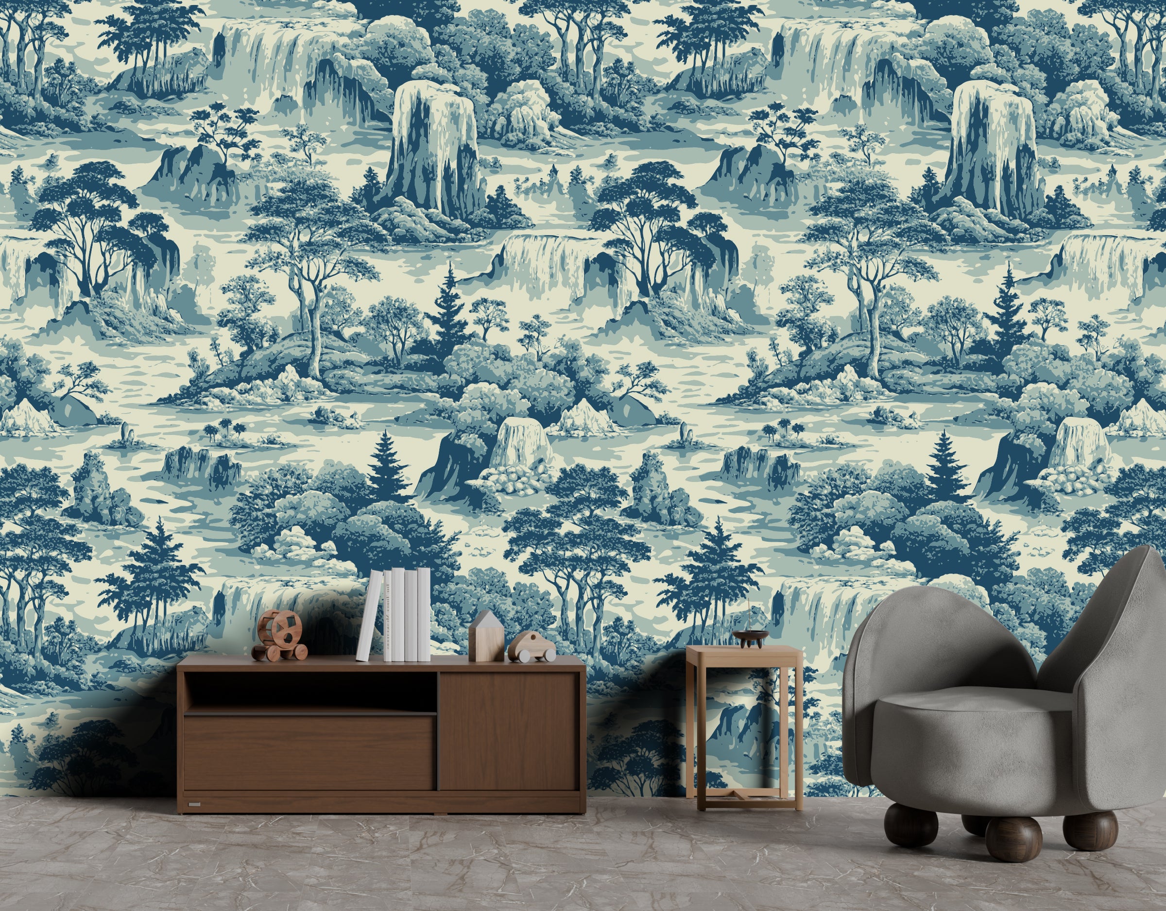 Waterfall landscape wallpaper with blue toile pattern, elegant living room accent wall decor