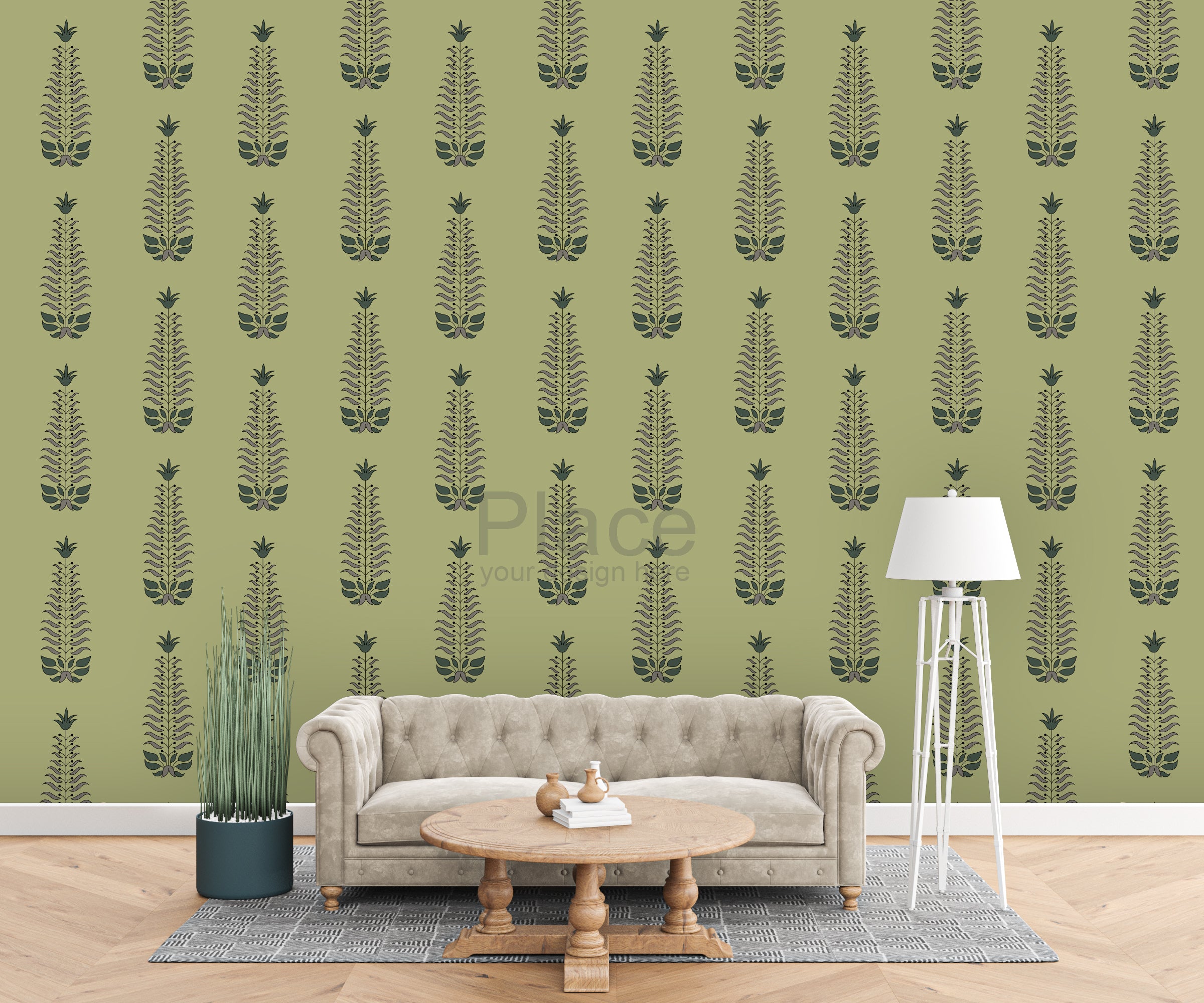 Green botanical pattern wallpaper with repeating leaf motifs elevating modern living room decor