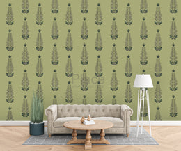Green botanical pattern wallpaper with repeating leaf motifs elevating modern living room decor