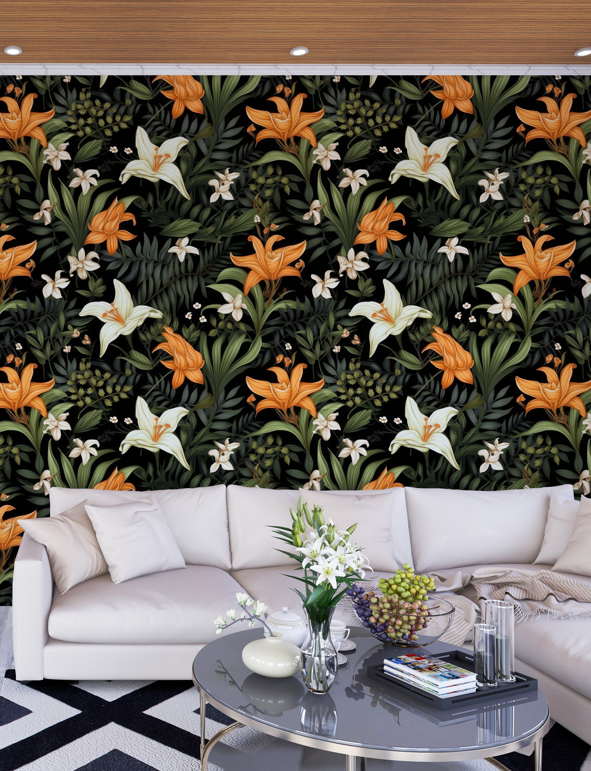 Moody tropical floral wallpaper with lush leaves adding elegance to modern living room spaces