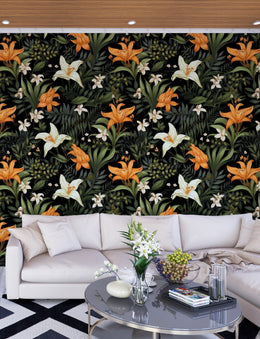 Moody tropical floral wallpaper with lush leaves adding elegance to modern living room spaces