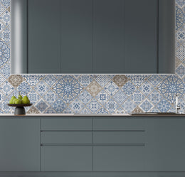 Blue patterned tile wallpaper with intricate motifs for modern cafe or kitchen backsplash