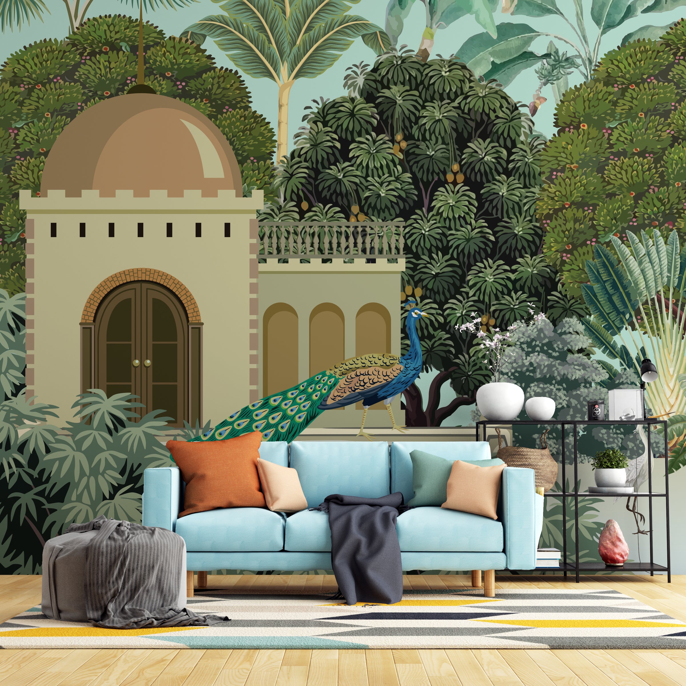 Luxury tropical wall mural with birds and foliage in pastel tones for dining room