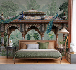 Exotic peacock design featuring blue birds and vintage architecture for bedroom styling