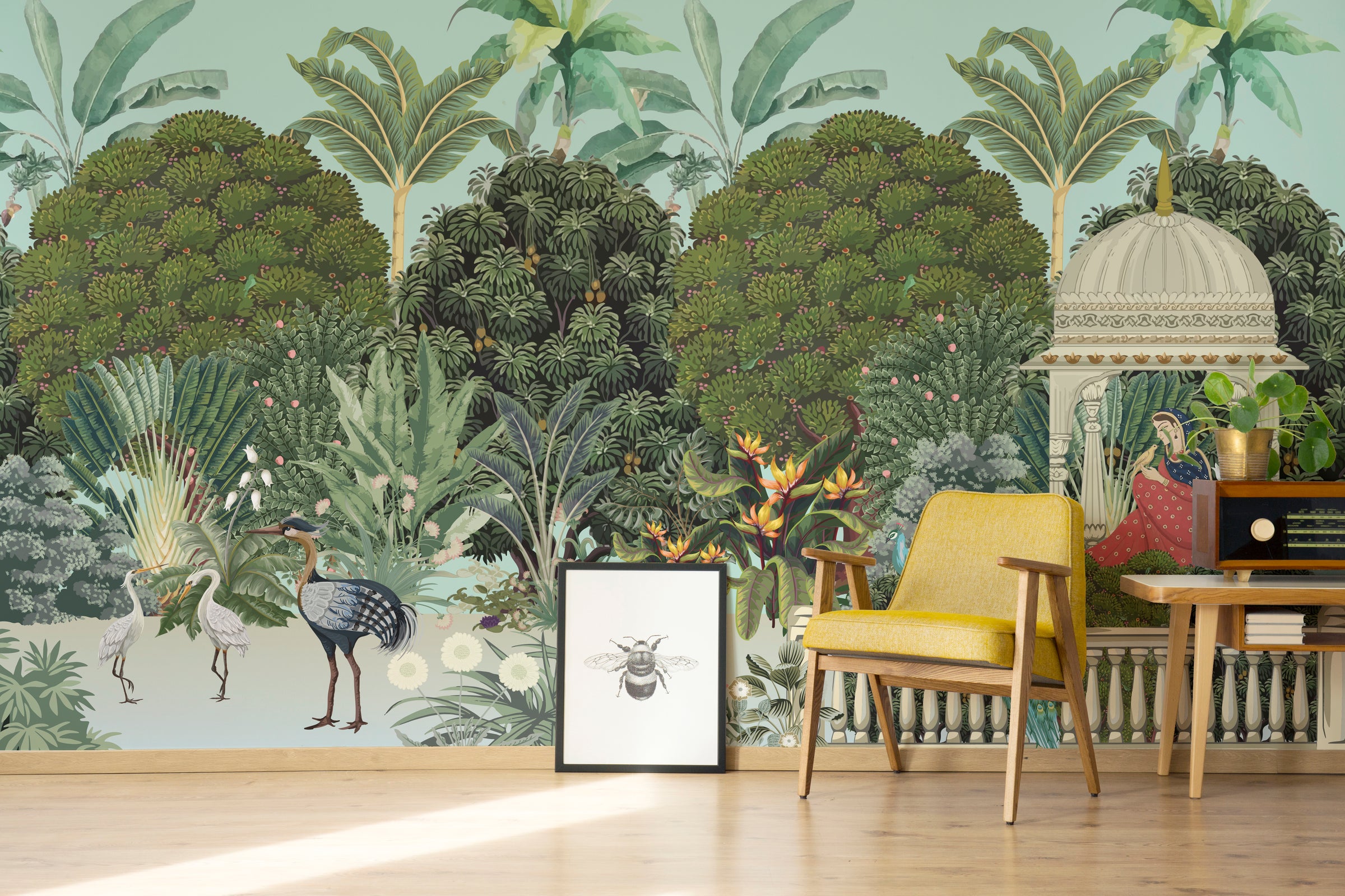 Botanical peacock wallpaper showcasing jungle trees and elegant arches for office decor