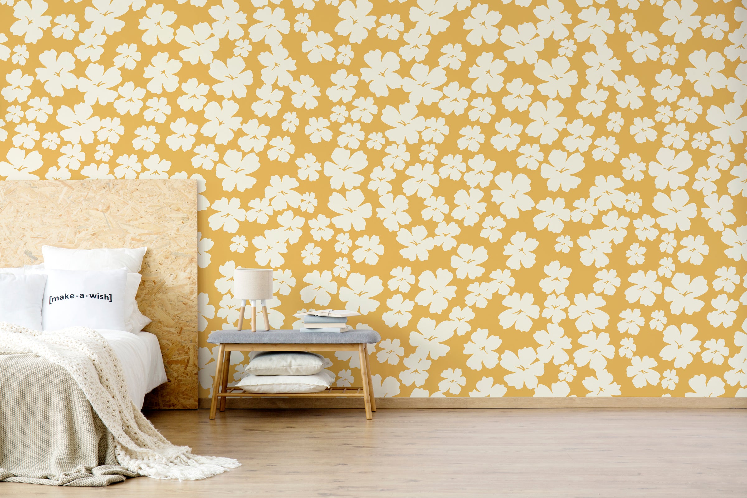 White Flower Wall Decor | Mustard Yellow Bloom Peel and Stick Wallpaper