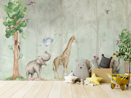 Watercolor Safari Animal Wall Mural | Green Jungle Peel and Stick Wallpaper