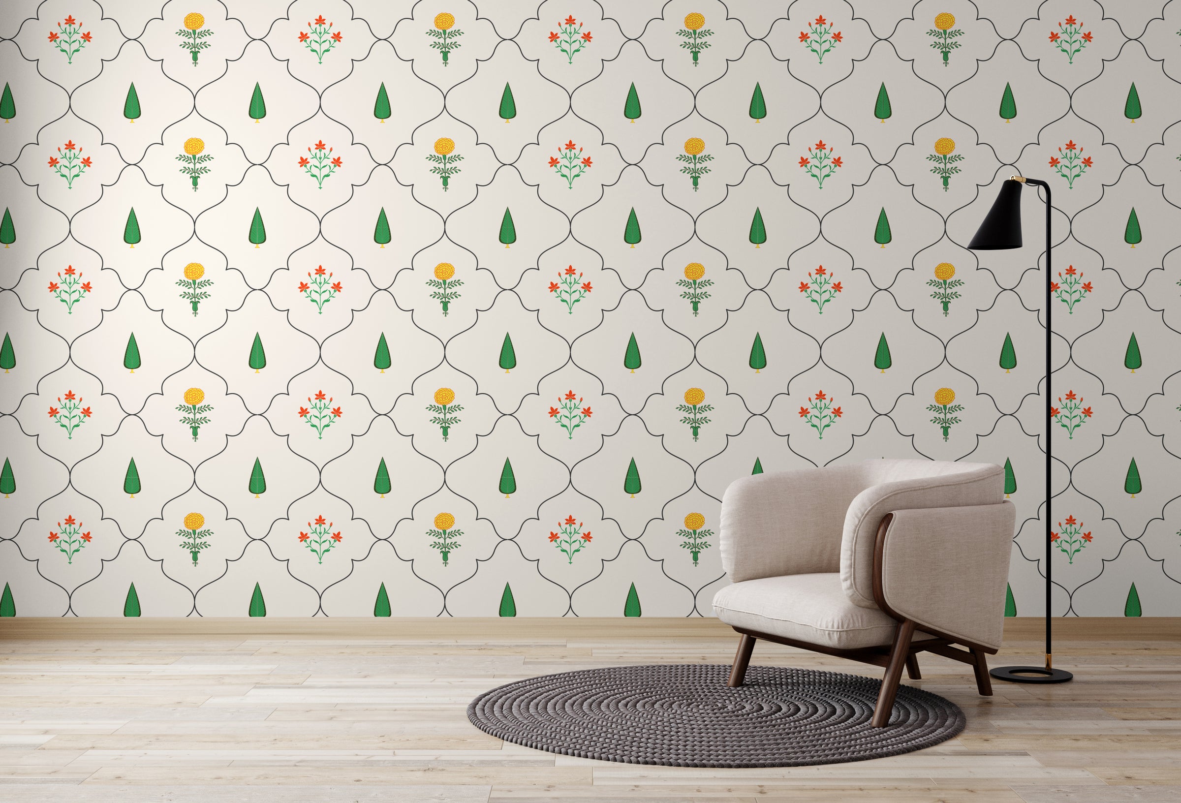 Botanical geometric wallpaper in beige with floral accents for modern bedroom walls