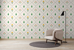 Botanical geometric wallpaper in beige with floral accents for modern bedroom walls