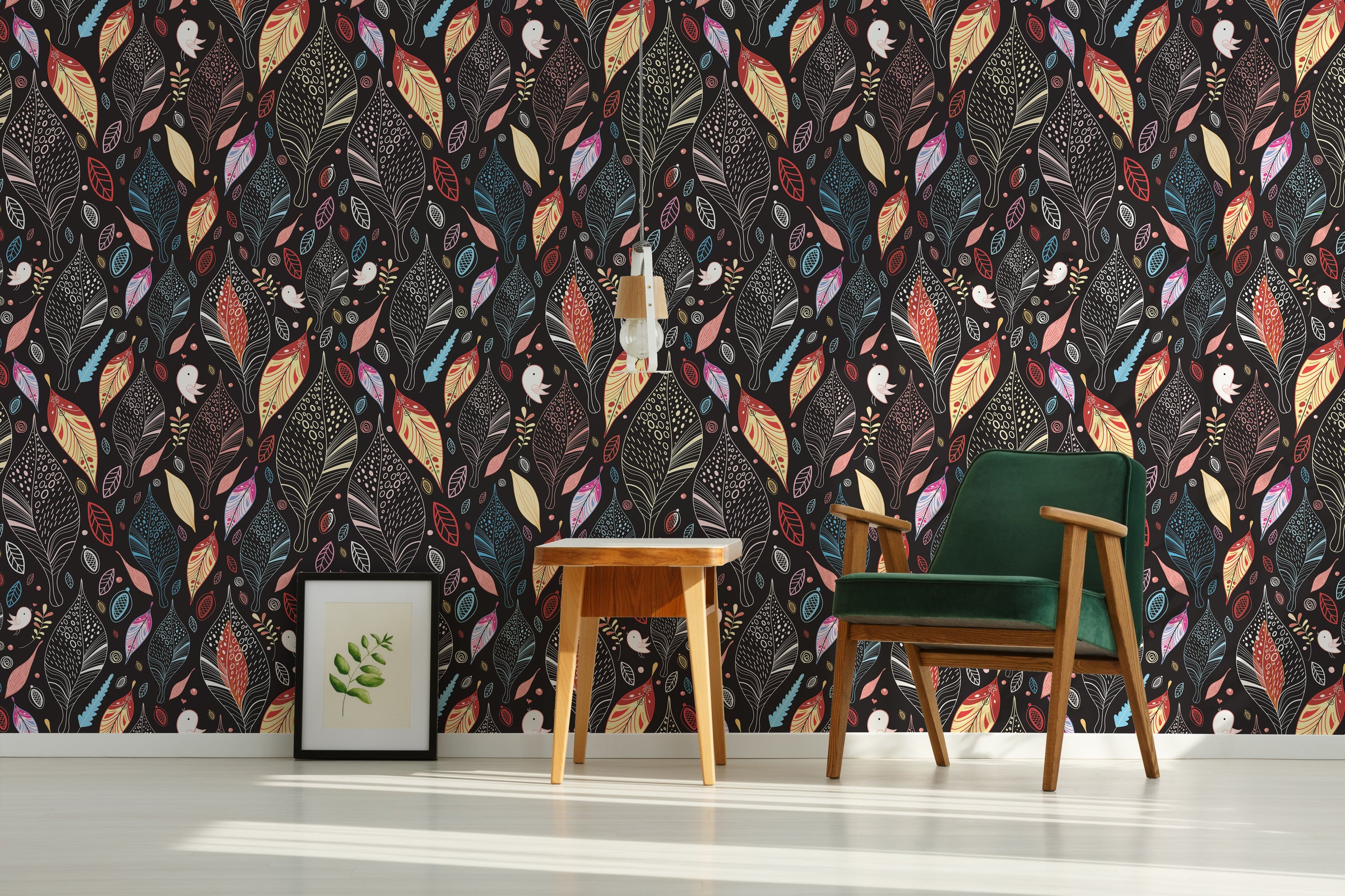 Colorful Leaf Pattern | Modern Botanical Peel and Stick Wallpaper