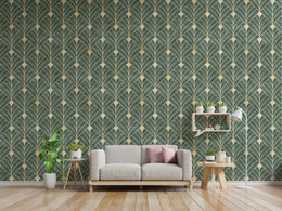 Green and Gold Art Deco Wallpaper | Removable Luxury Wall Decor