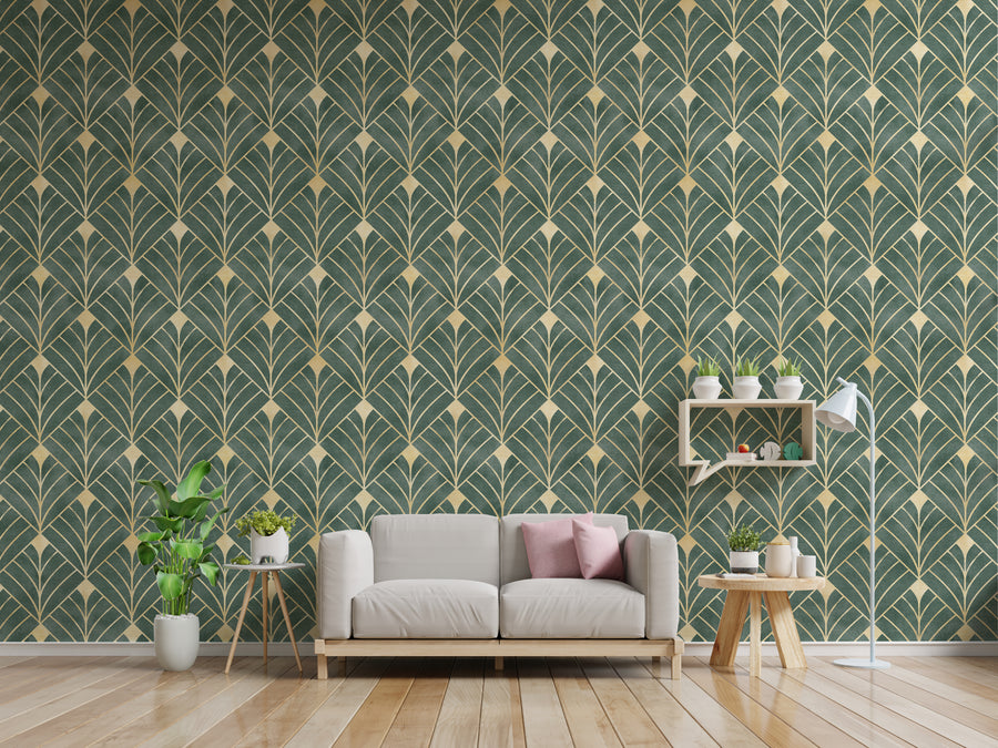 Green and Gold Art Deco Wallpaper | Removable Luxury Wall Decor