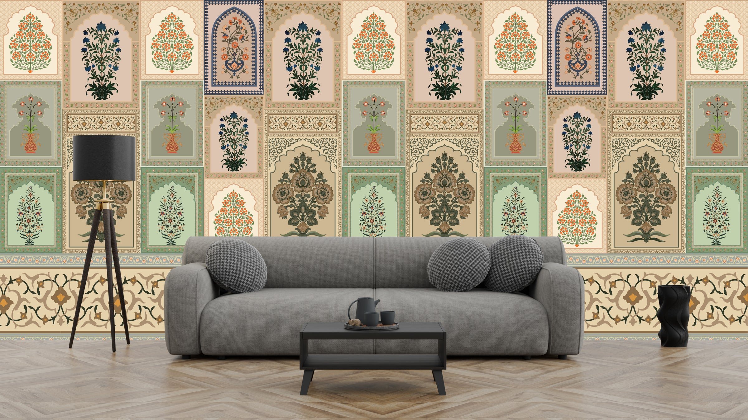 Boho arch wall design with ethnic panel detailing in soft neutral kitchen wall