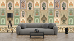 Boho arch wall design with ethnic panel detailing in soft neutral kitchen wall
