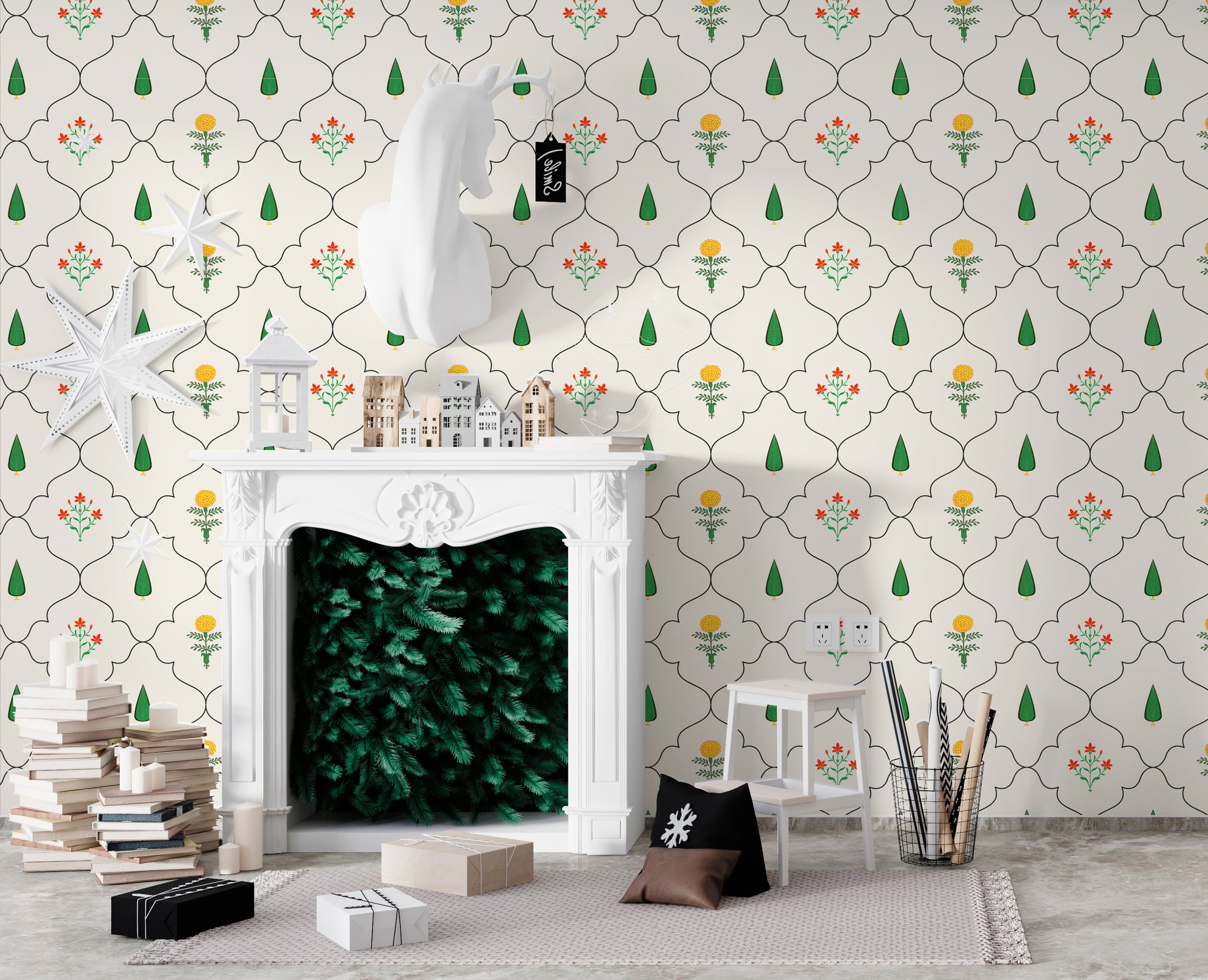 Trendy beige botanical wallpaper with green and orange flowers for kitchen wall