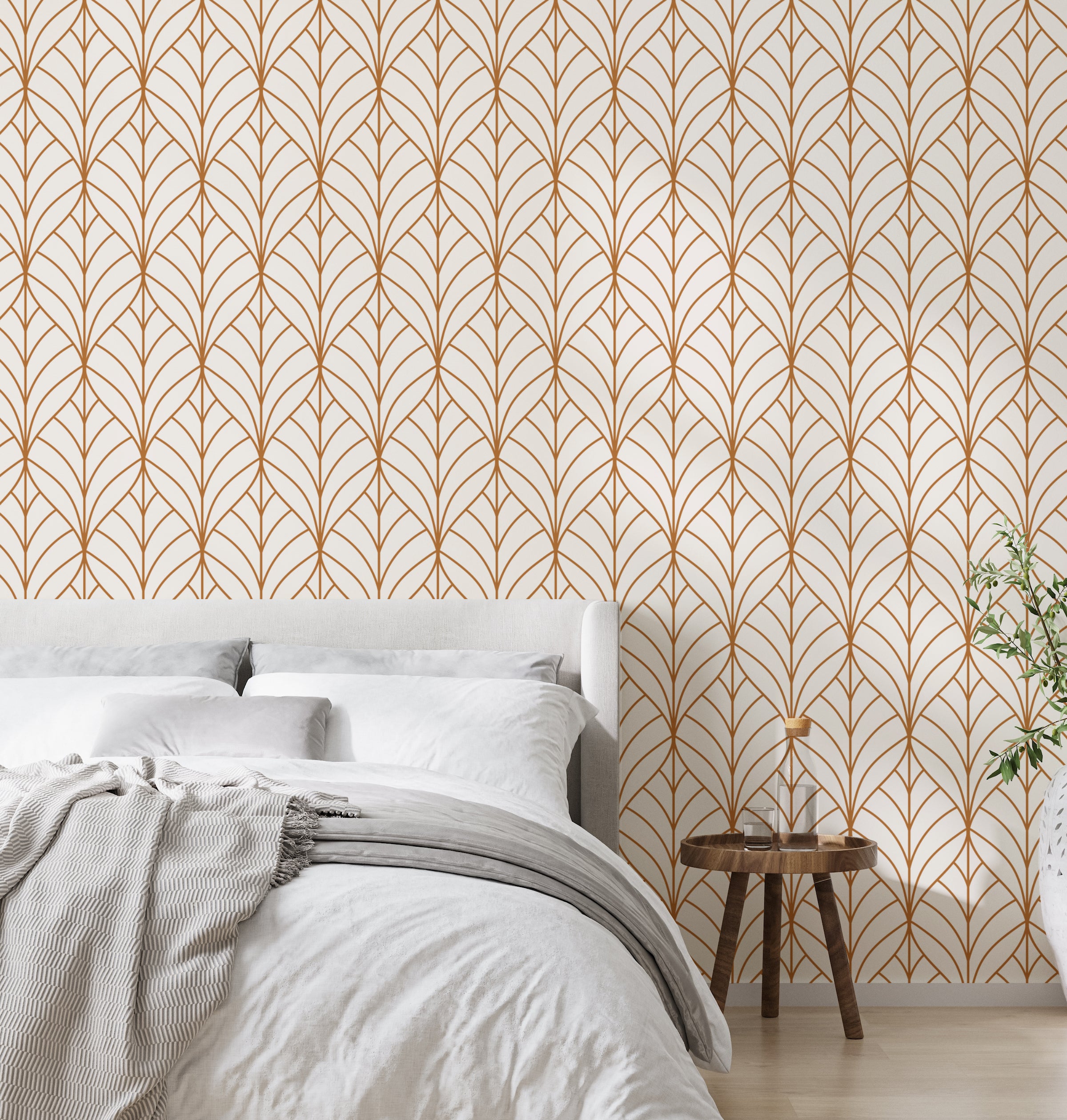 Rust Brown Leaf Wallpaper | Modern Repeat Pattern Art Deco | Peel And Stick