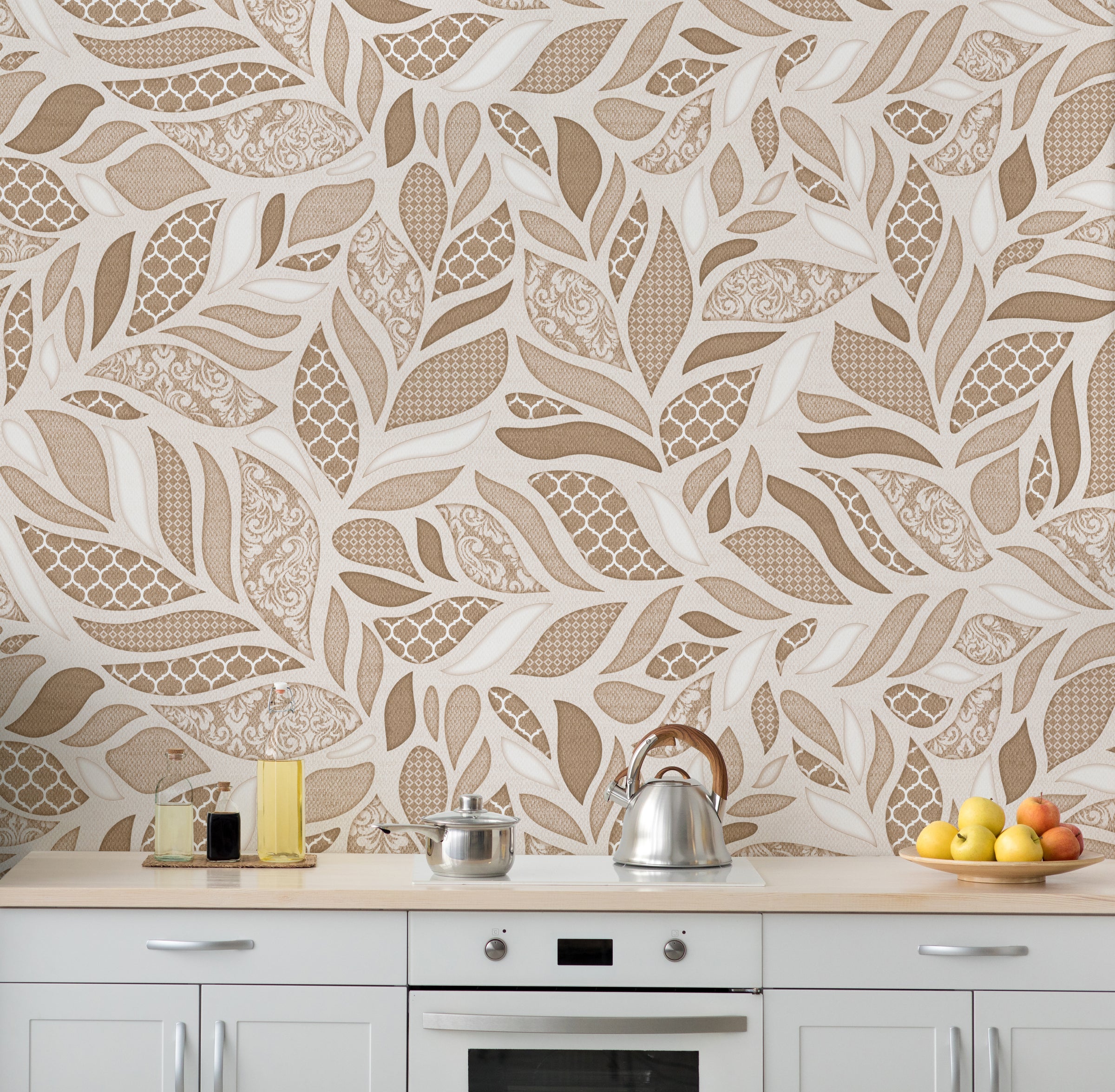 Beige Brown Leaf Design Wallpaper | Modern Botanical Style | Removable Wall Covering