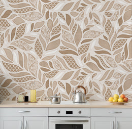 Beige Brown Leaf Design Wallpaper | Modern Botanical Style | Removable Wall Covering