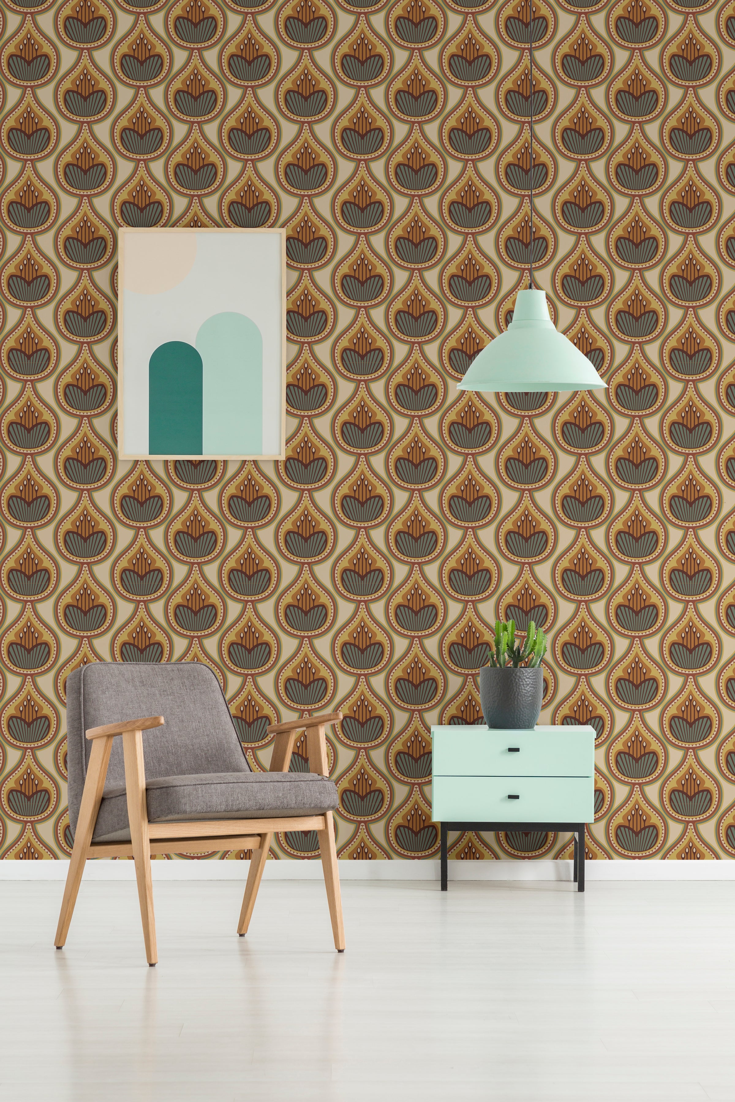 High-impact retro botanical design with geometric leaves for dramatic dining room feature wall