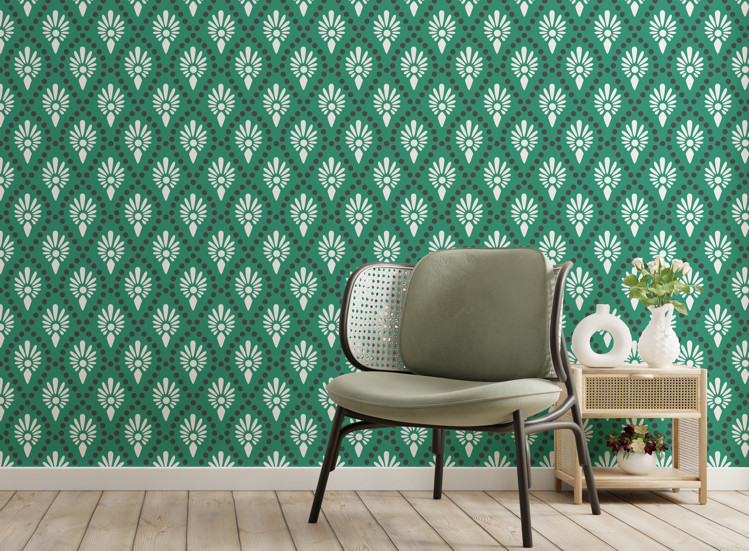 Art Deco Peel and Stick Wallpaper | Green Floral Artistic Wall Decor