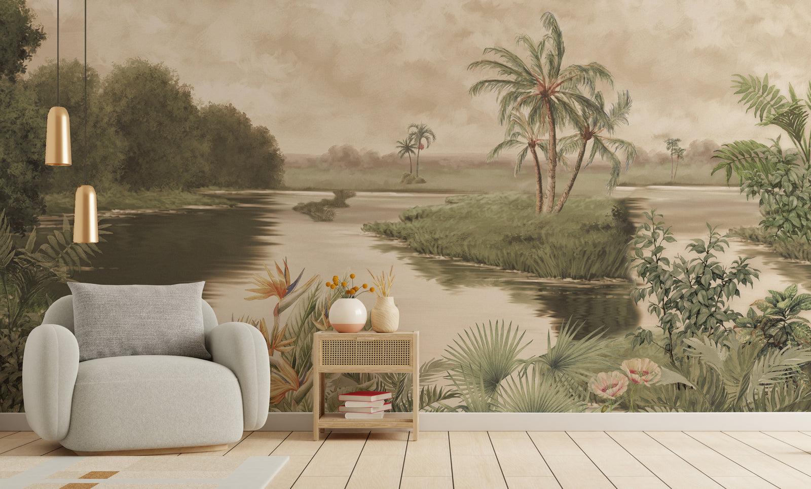 Lush riverside wilderness design enhancing gathering areas with layered botanical depth and relaxing scenery.