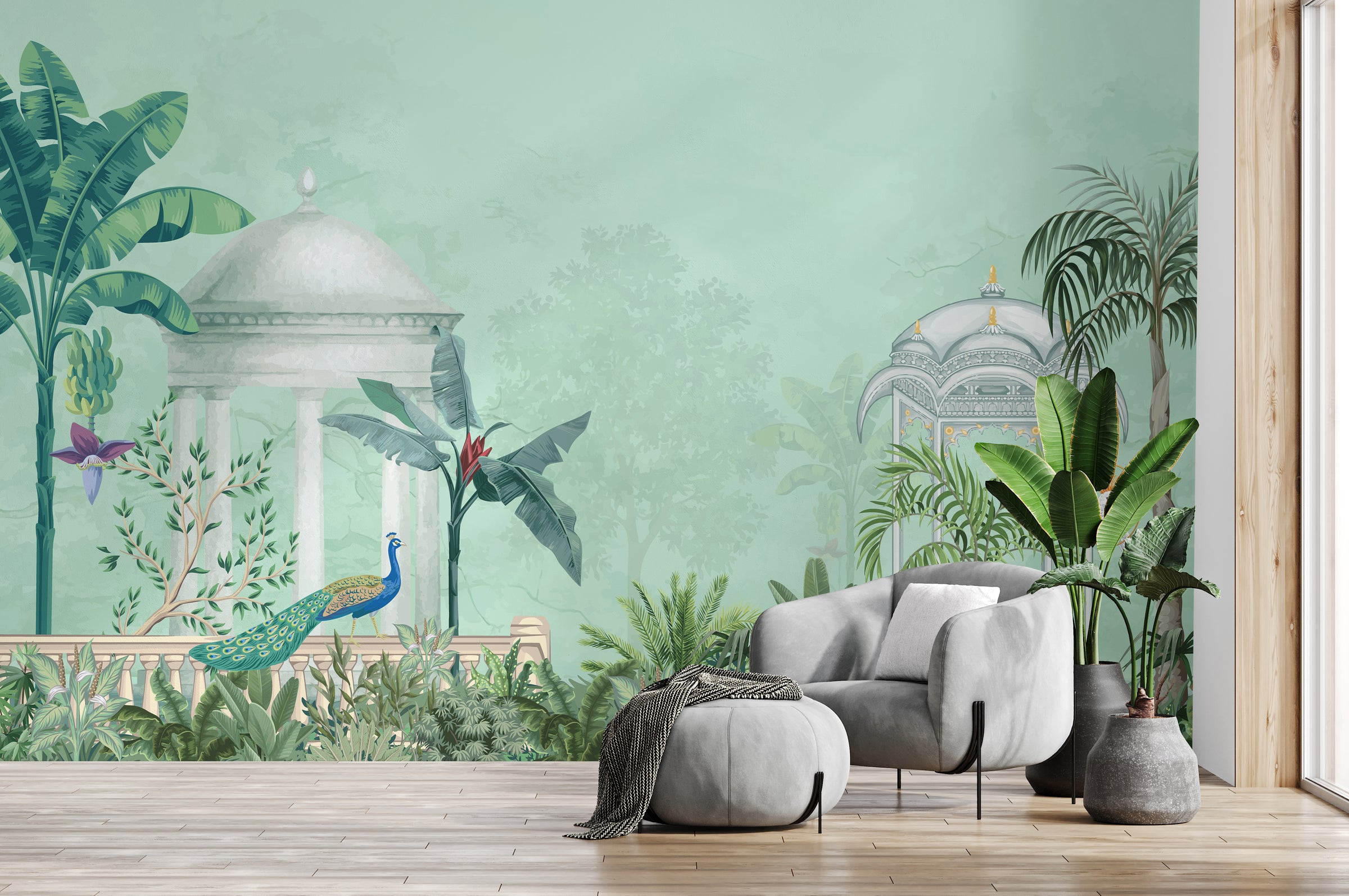 Tropical foliage palace wall mural adding depth and nature inspired luxury to modern home decor