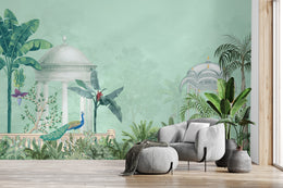 Tropical foliage palace wall mural adding depth and nature inspired luxury to modern home decor