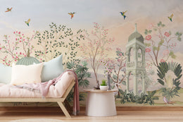 Nature inspired wall mural with blossoms and birds in neutral tones for sitting room