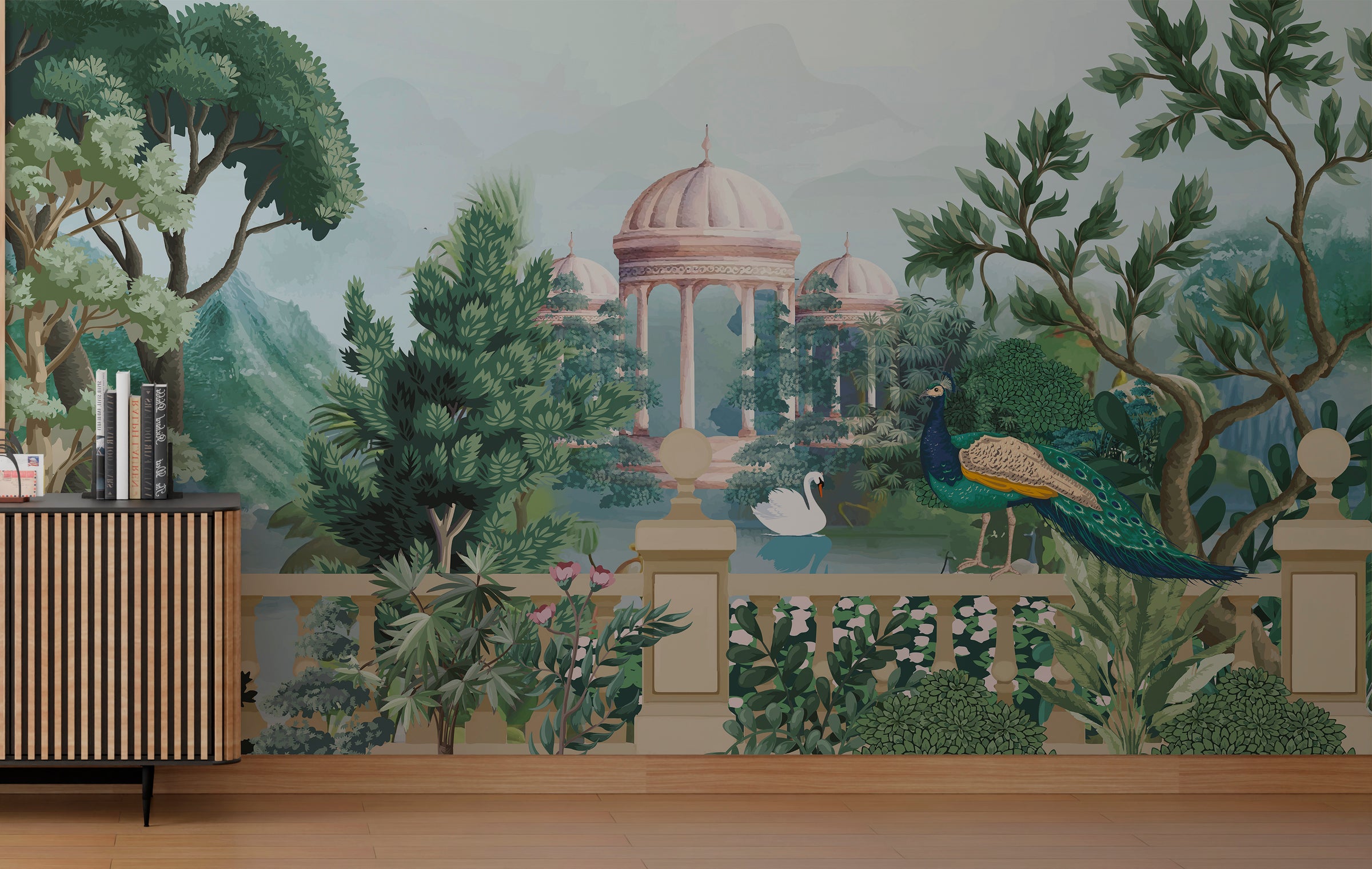 Elegant living room wall decor featuring pastel green peacock palace garden wallpaper mural