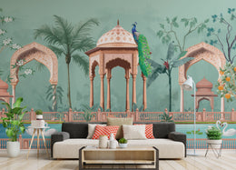 Elegant wall mural removable with peacock swans and teal garden for bedroom wall