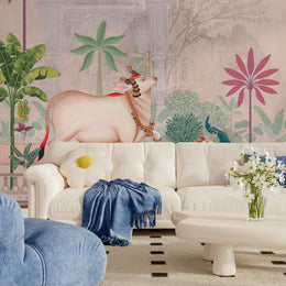 Indian palace wall mural with peacocks, cows, soft pastel tones for office decor