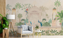 Royal garden wallpaper featuring peacock birds and beige botanical theme for living space