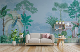 Soft beige bird and floral pattern creating calming bedroom wall decor atmosphere