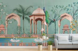 Peacock garden wallpaper peel and stick teal background palace design for lounge